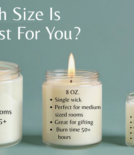three candles of different sizes and wicks, along with their respective burn times and descriptions of their features.